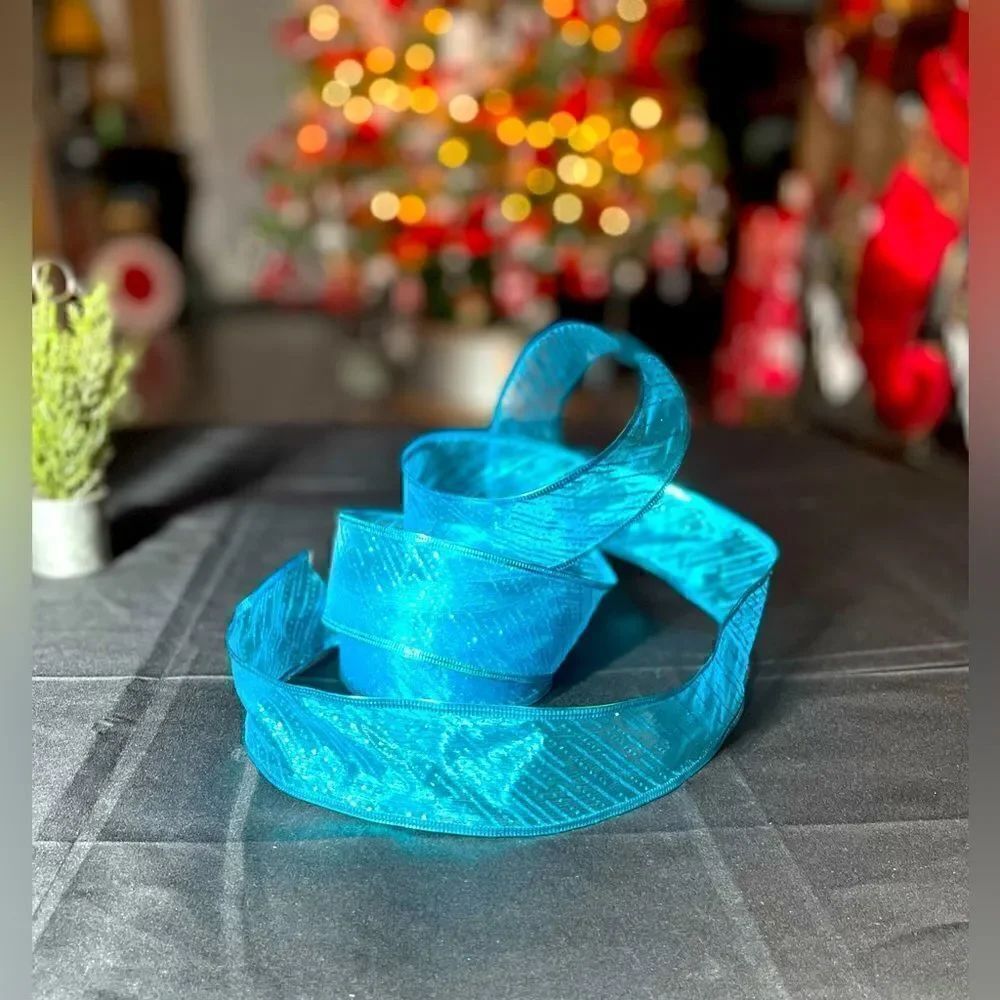 ☃️❄️☃️ NEW! Turquoise Blue Organza Wired Ribbon Glitter Accents 1 Piece